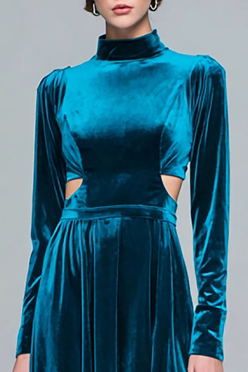 Peacock Blue A-Line Cut Out Maxi Holiday Dress With Long Sleeves